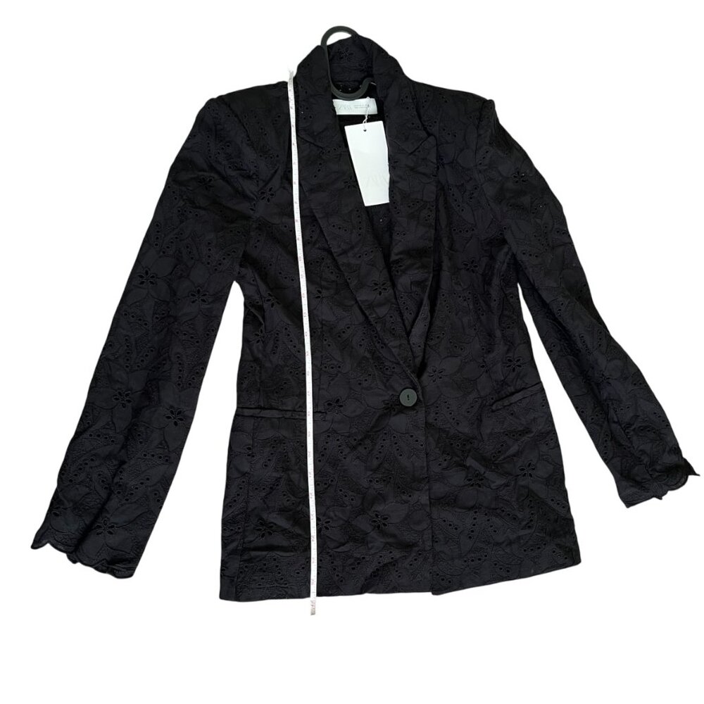 Zara Black Embroidered Eyelet Blazer Medium Organic Cotton Chic Elevated Basics - Picture 12 of 13